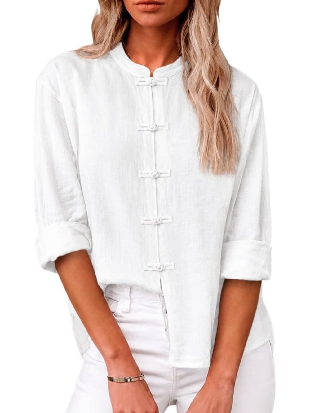 Chic Linen Blouse for Women, Mandarin Collar, Frog Button Detail, Stylish Top